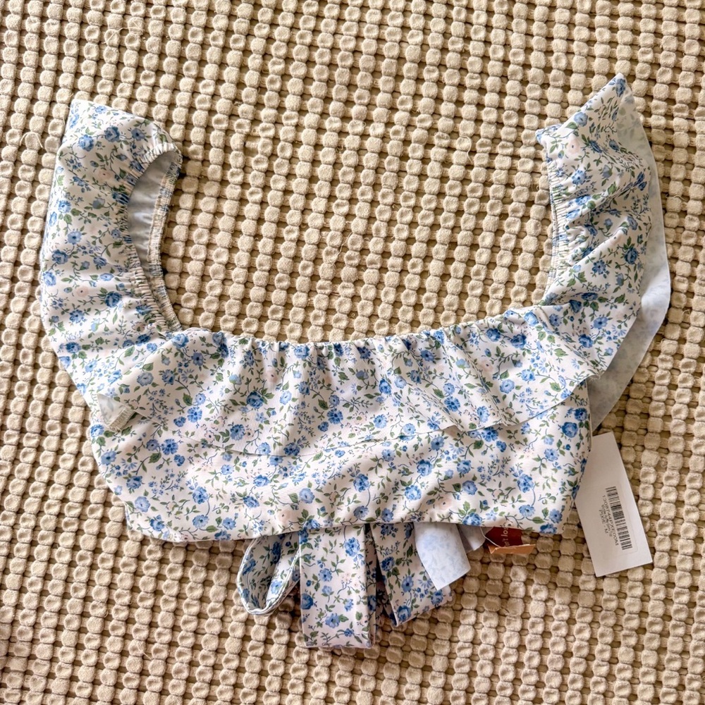 Reformation Floral Bikini Top Blue White Ruffle Tie Back Medium NWT Cottagecore